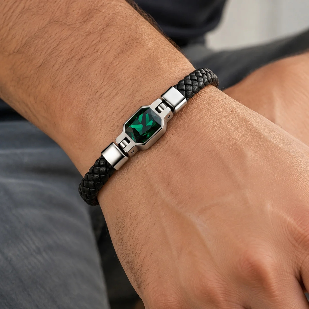 Men Bracelets with Braided Black Cord and Green Centerpiece