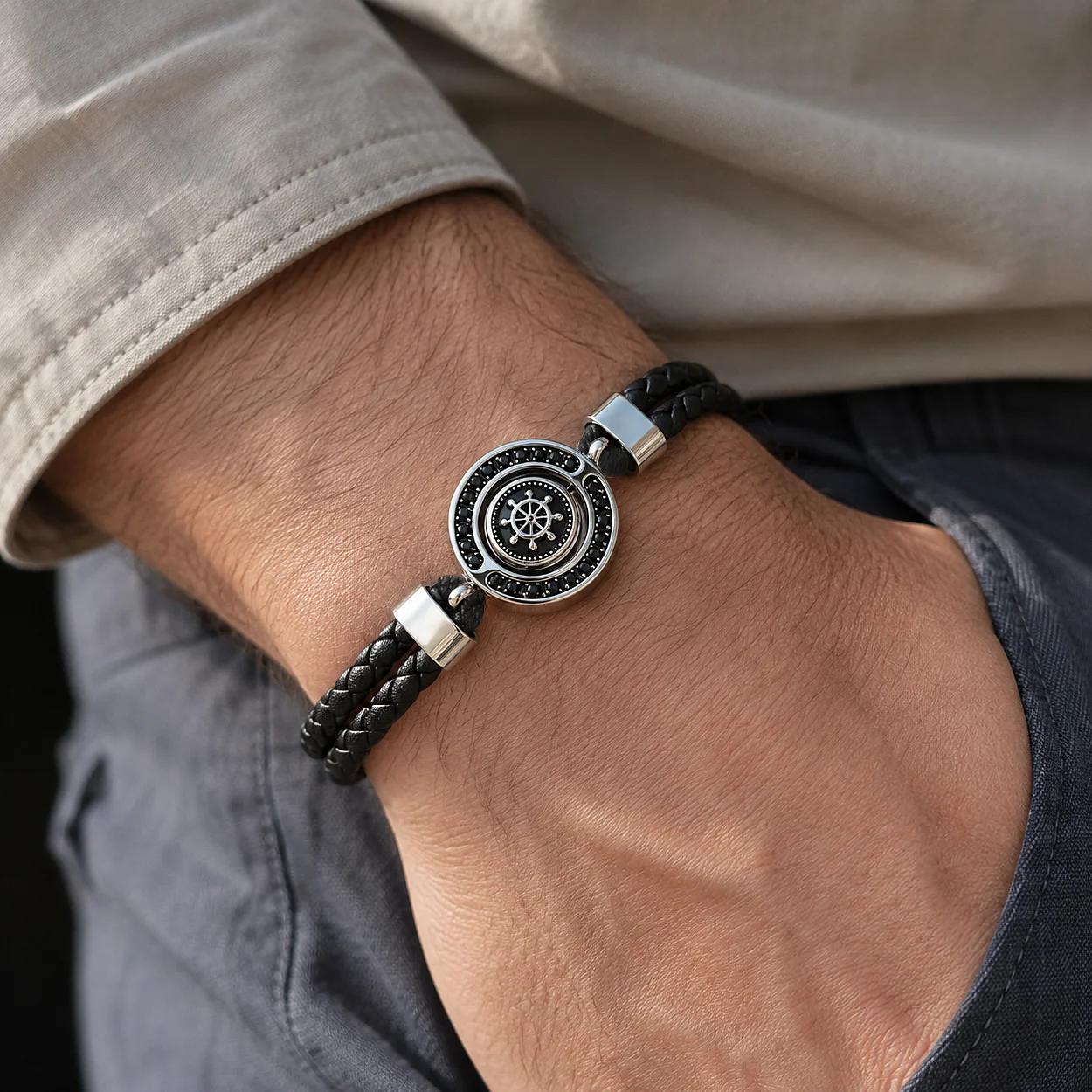 Men Bracelets with Black Braided Cord and Compass Centerpiece